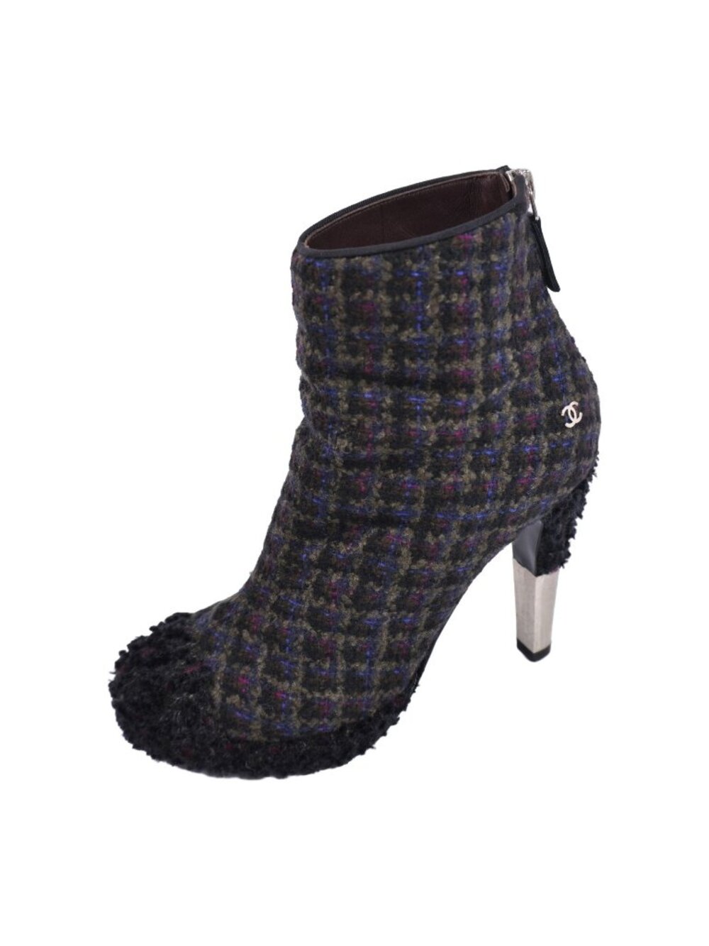 Chanel Boots Short Check Tweed CC Logo Heels Shoes Black